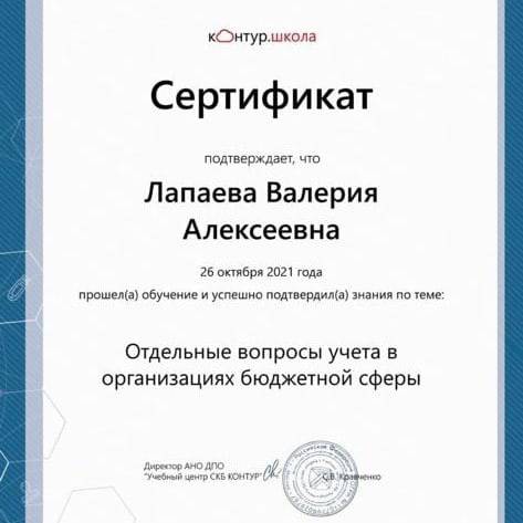 Сертификат студентки Колледжа ТИСБИ Лапаевой валерии