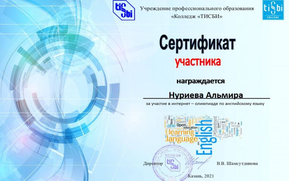 Сертификат участника олимпиады ТИСБИ
